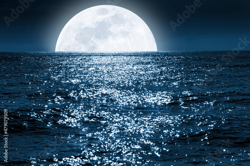 Very Large Full Blue Moon rises over a calm ocean scene.