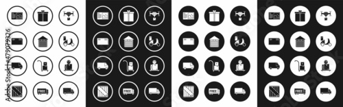 Set Delivery drone with the package, Closed warehouse, Envelope, Postcard, Scooter delivery, Gift box, Scale cardboard and cargo truck vehicle icon. Vector