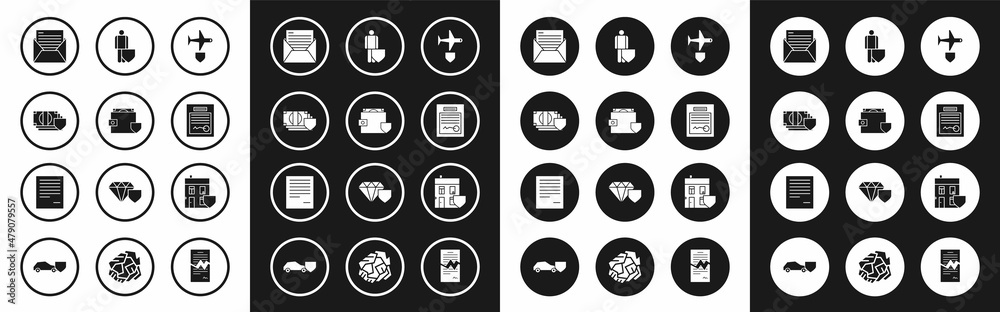 Set Plane with shield, Wallet and money, Money, Mail e-mail, Filled form, Life insurance, House and Document icon. Vector Set Plane with shield, Wallet and money, Money, Mail e-mail, Filled form, Life insurance, House and Document icon. Vector