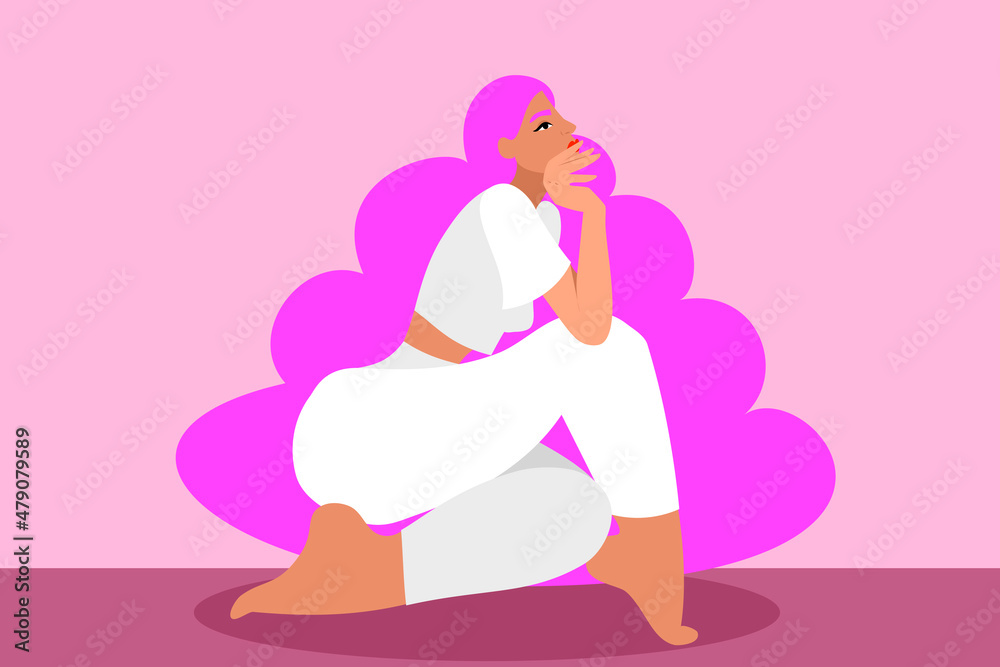 powerfully kneeling woman with pink hair powerfully kneeling woman with pink hair
