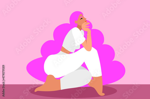 powerfully kneeling woman with pink hair