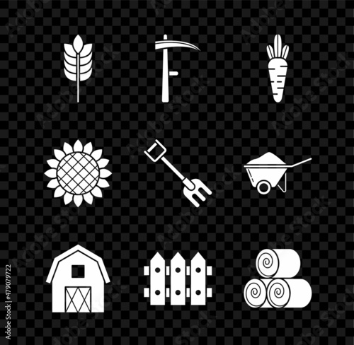 Set Cereals with rice, wheat, corn, oats, rye, Scythe, Carrot, Farm House concept, Garden fence wooden, Roll of hay, Sunflower and rake icon. Vector