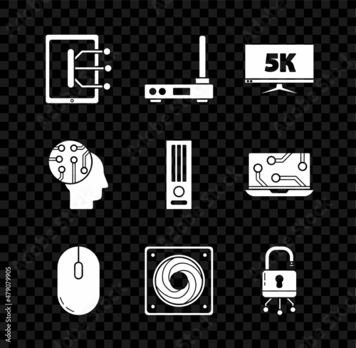 Set Tablet, Router and wi-fi signal, Monitor display with 5k video, Computer mouse, cooler, Lock digital circuit board, Human brain as and Video game console icon. Vector