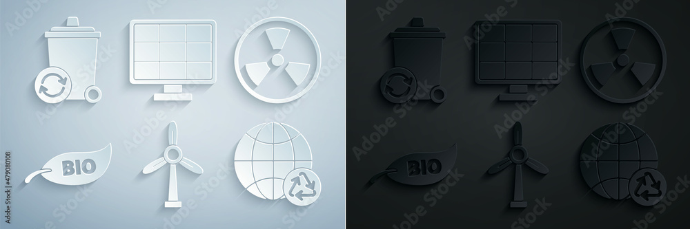 Set Wind turbine, Radioactive, Leaf Bio symbol, Planet earth and ...