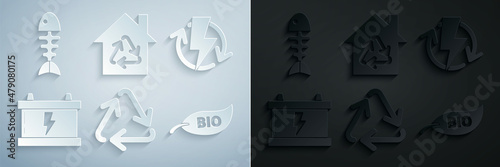 Set Recycle symbol, Recharging, Car battery, Leaf Bio, Eco House with recycling and Fish skeleton icon. Vector