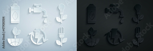 Set Recharging, Light bulb with leaf, Earth globe and, Water tap and Recycling plastic bottle icon. Vector