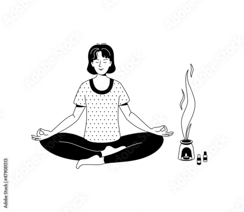 Woman practices yoga sitting on the Saddhasana and enjoys the smell of aroma oil. Vector black and white illustration in outline style	