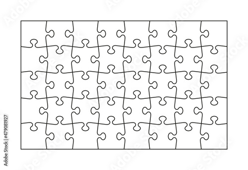 Puzzle pieces set. Jigsaw outline grid. Scheme of fun thinking game. Modern background with mosaic shapes. Simple frame tiles. Cutting template with 40 separate details. Vector illustration.