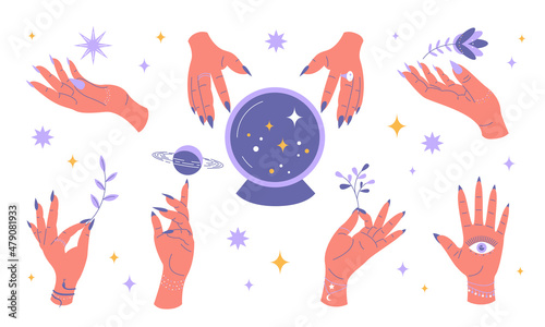 Set of magical female hands isolated on white background.Mystical elements.Vector stock illustration. 