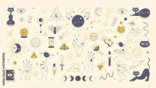 Linear collection of mystical magical elements for design. Stock vector illustration.