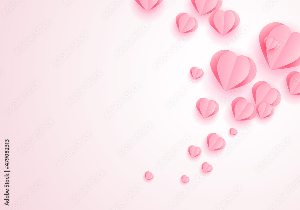 Valentine's Day Greeting Card with Pink Paper Elements in Shape of Heart Flying on Pink Background. Vector Symbols of Love for Happy Women's, Mother's, Valentine's Day, Birthday Design Romantic Banner