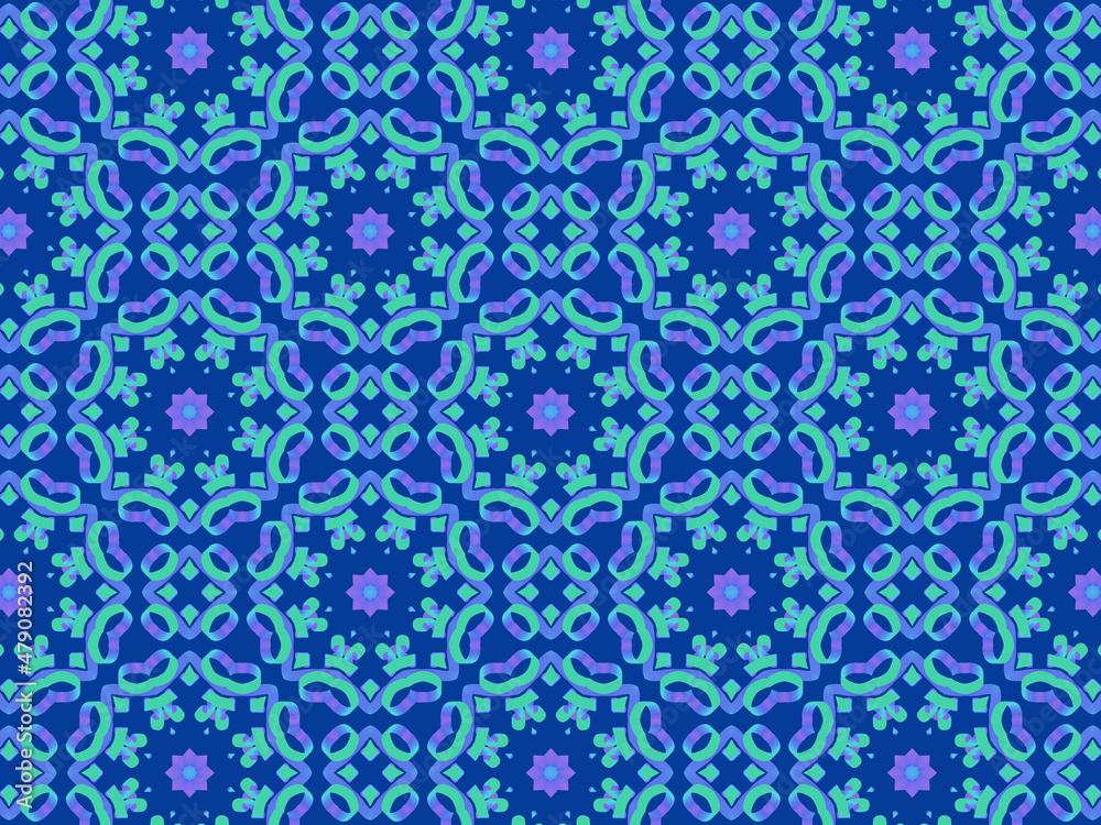 Exquisite winter pattern with neon-blue ribbon lace on dark blue background. Concept of northern lights hypnotic beauty. Repeating aurora borealis pattern. Abstract lacy flowers and snowflakes.