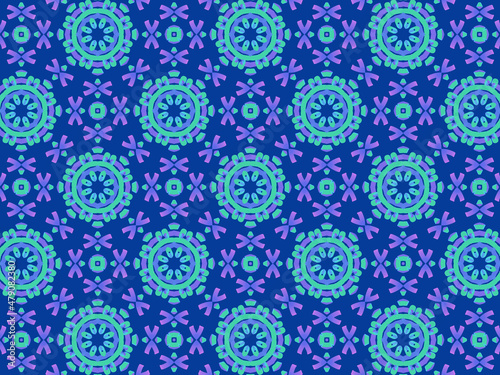 Exquisite winter pattern with neon-blue ribbon lace on dark blue background. Concept of northern lights hypnotic beauty. Repeating aurora borealis pattern. Abstract lacy flowers and snowflakes.