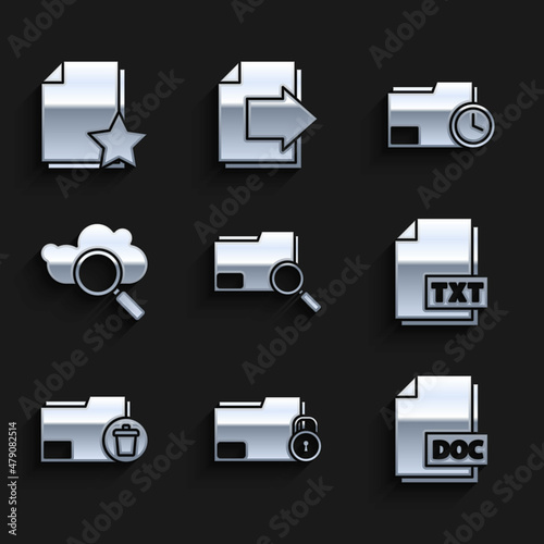 Set Search concept with folder, Folder and lock, DOC file document, TXT, Delete, cloud computing, Document clock and star icon. Vector