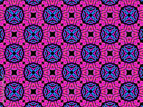 Exquisite, vibrant and energetic purple/black pattern with multicolor ribbon lace. Concept of night flowers beauty. 