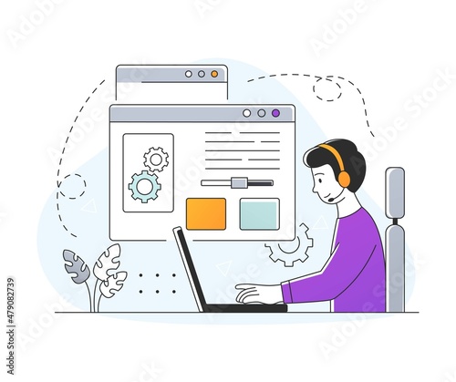 Alt tag optimization. Man works on laptop. Programmer developing application. Search for errors in code, identification of problems, speed of pages on Internet. Cartoon flat vector illustration