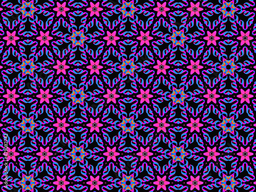 Exquisite, vibrant and energetic purple/black pattern with multicolor ribbon lace. Concept of night flowers beauty. 