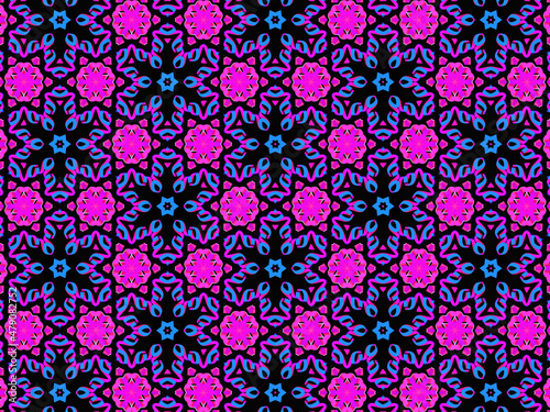 Exquisite, vibrant and energetic purple/black pattern with multicolor ribbon lace. Concept of night flowers beauty. 