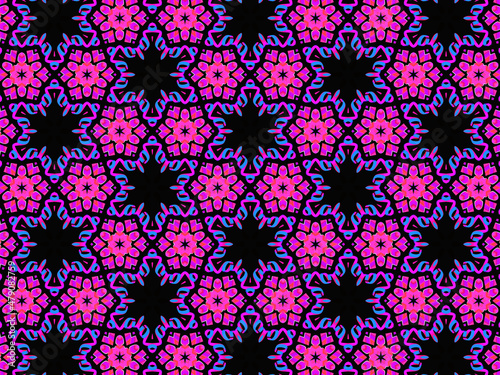 Exquisite, vibrant and energetic purple/black pattern with multicolor ribbon lace. Concept of night flowers beauty. 