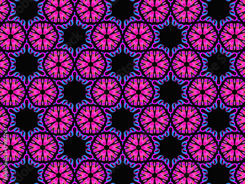 Exquisite, vibrant and energetic purple/black pattern with multicolor ribbon lace. Concept of night flowers beauty. 