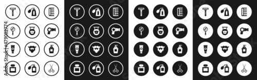 Set Hairbrush, Barbershop, Hand mirror, Shaving razor, dryer, Aftershave bottle with atomizer, Bottle of shampoo and Cream lotion cosmetic tube icon. Vector