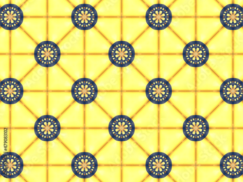 Repeating kaleidoscopic pattern with abstract flowers and light effects. A yellow/navy pattern for surface design. Concept of night and lighting. Concept of the dark and the light.