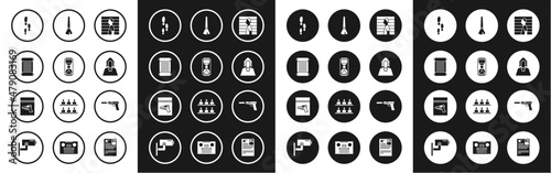Set Suspect criminal, Old hourglass with sand, Decree, paper, parchment, scroll, Footsteps, Judge, Paint brush, Pistol or gun silencer and Evidence bag pistol icon. Vector