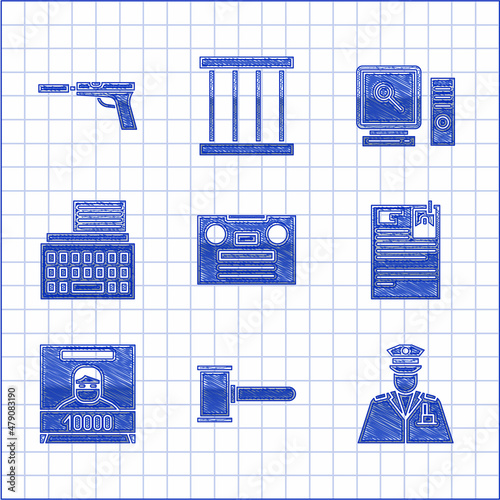 Set Retro audio cassette tape, Judge gavel, Police officer, Lawsuit paper, Wanted poster, typewriter, Search on computer screen and Pistol or gun with silencer icon. Vector