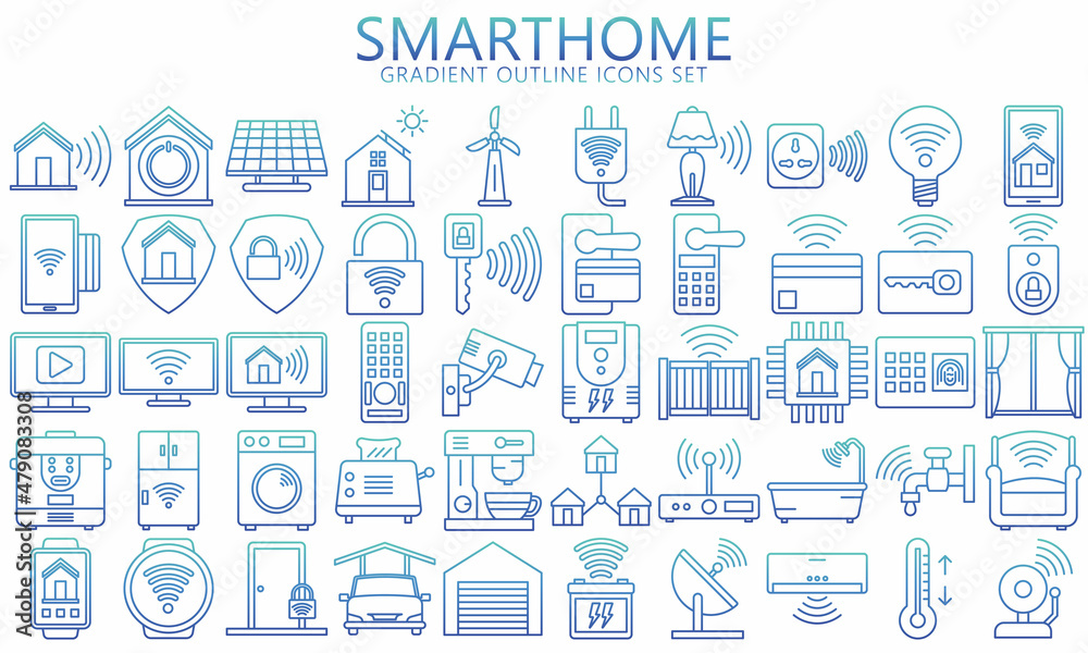 Smart home icons set. Vector collection of smart house concept symbols in gradient color. Home automation control systems signs. Used for web, UI, UX kit and applications, EPS 10 ready convert to SVG. Smart home icons set. Vector collection of smart house concept symbols in gradient color. Home automation control systems signs. Used for web, UI, UX kit and applications, EPS 10 ready convert to SVG.