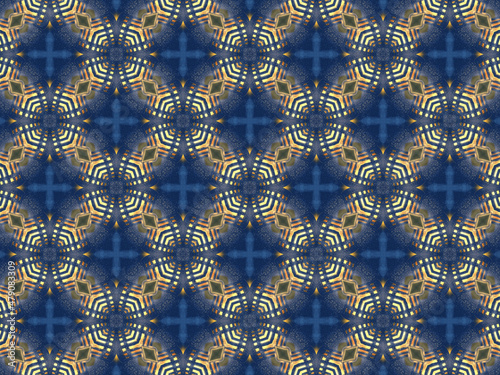 Repeating kaleidoscopic pattern with abstract flowers and light effects. A yellow/navy pattern for surface design. Concept of night and lighting. Concept of the dark and the light.
