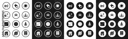 Set Satellites orbiting the planet Earth, UFO flying spaceship, Space and, Mars rover, Rocket launch from spaceport, Comet falling down fast, shuttle rockets and Great Bear constellation icon. Vector
