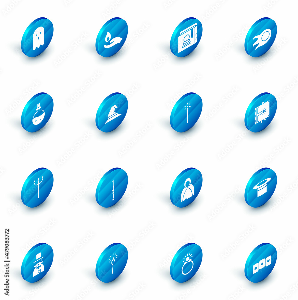 Set Hand holding a fire, Ancient magic book, Fireball, Bottle with love potion, Neptune Trident, Witch hat, and Magic wand icon. Vector Set Hand holding a fire, Ancient magic book, Fireball, Bottle with love potion, Neptune Trident, Witch hat, and Magic wand icon. Vector