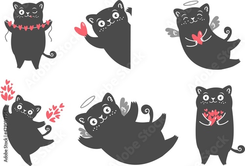 Fototapeta Naklejka Na Ścianę i Meble -  Vector set of cute illustrations. Cute black cats, hearts, angels. Valentines day illustrations