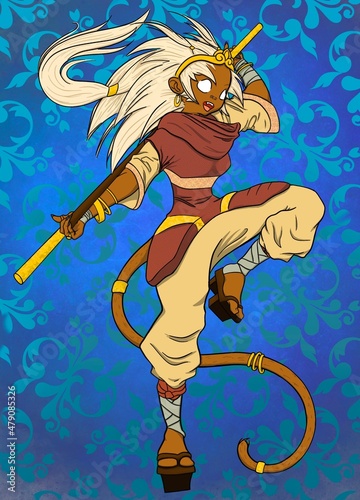 art the monkey king in female form with a golden staff photo