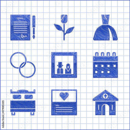 Set Family photo, Greeting card, Church building, Calendar, Bedroom, Wedding rings, Woman dress and Marriage contract icon. Vector
