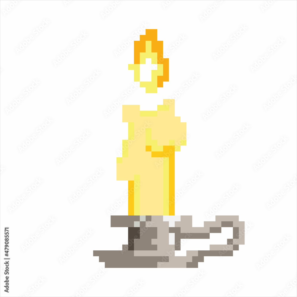 Lighted candle on a stand in the pixel art style