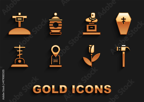 Set Location grave, Coffin with cross, Hammer, Flower rose, Grave, tombstone, and Funeral urn icon. Vector