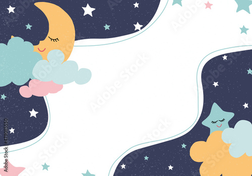 Kids graphic on white background with the moon,clouds and stars in minimal style.Using for print on the wall, textile, interior, card design,copy space.Abstract creative baby artistic templates Vector