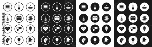 Set Aroma candle, Flip flops, diffuser, Towel on hanger, Stack hot stones, Massage and icon. Vector