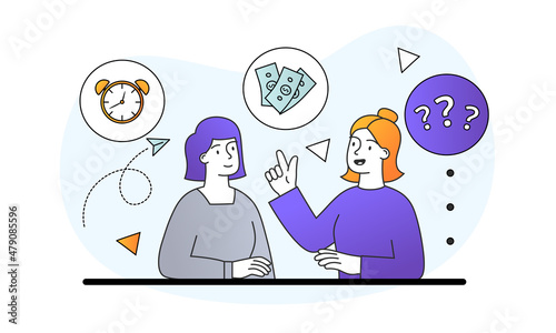 Two women contemplating. Girlfriends discuss their problems, exchange of information, dialogue. Communication of two characters, latest news, rumors, stories. Cartoon flat vector illustration