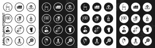 Set Pet food bowl, Hair clipper pet, grooming, table, shampoo, Towel stack, Paw print and Veterinarian doctor icon. Vector