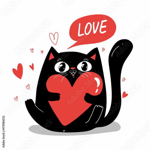 Cute black cat character holding red heart. Funny cartoon cat for Valentines day. Greeting card, bammer, poster, print design ang other, baby print. White background Isolated. photo