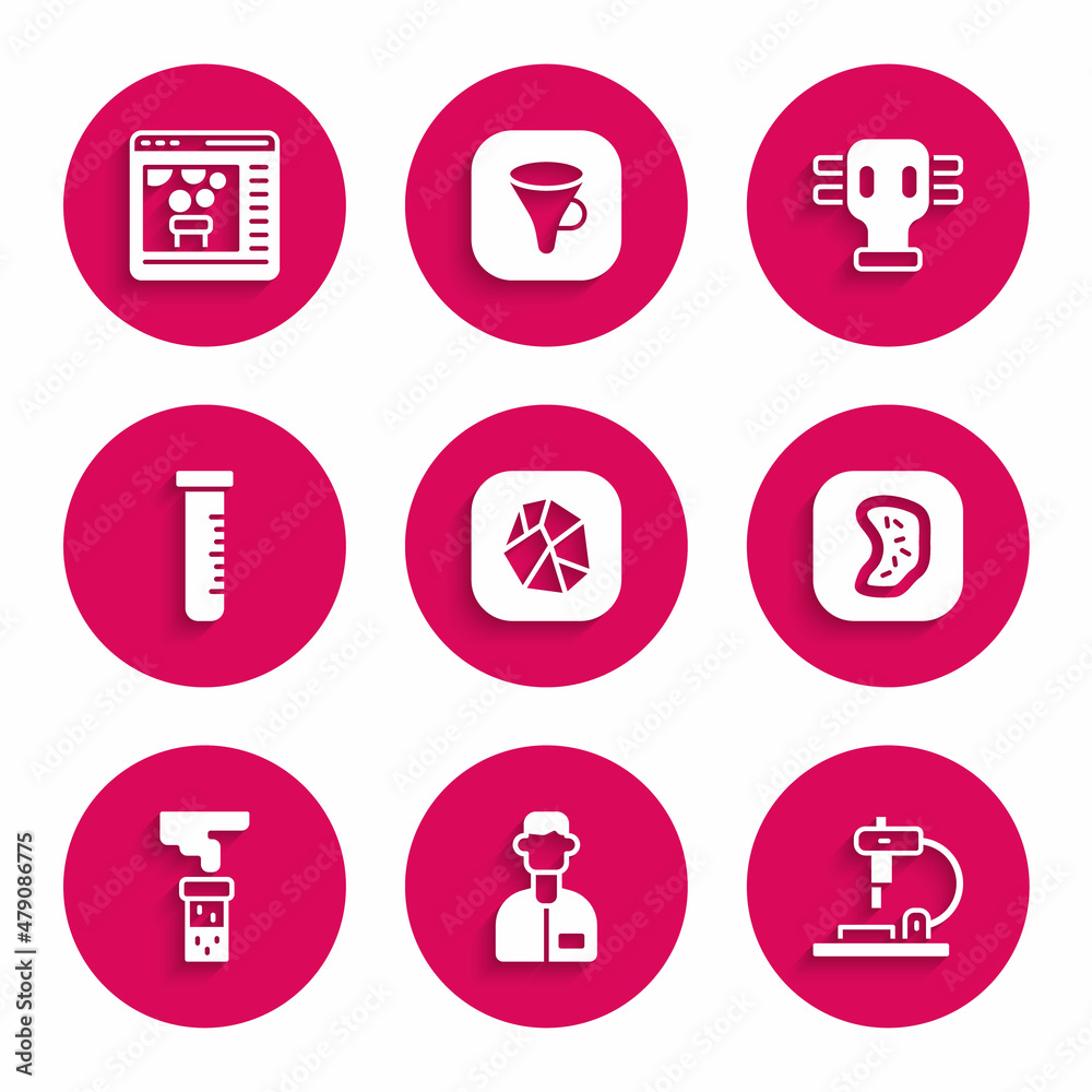 Set Salt stone, Laboratory assistant, Microscope, Bacteria, Test tube and flask, Gas mask and Chemical online icon. Vector