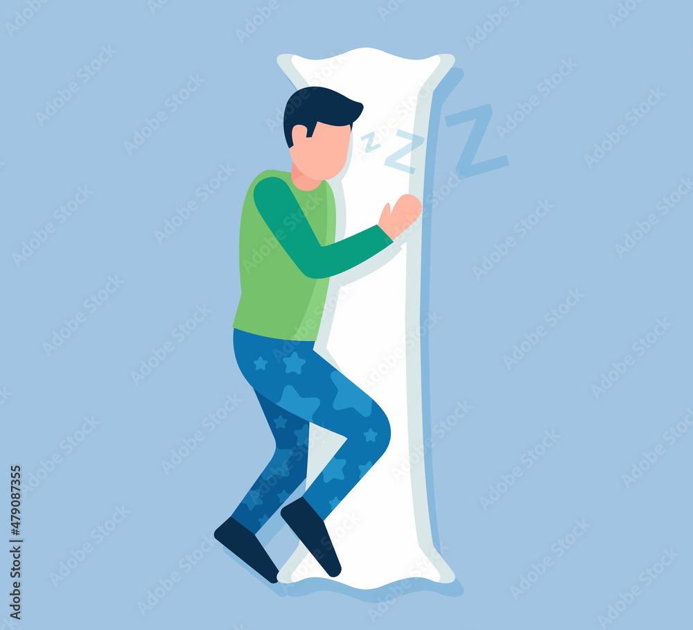 man in pajamas hugs a long pillow. flat vector illustration.