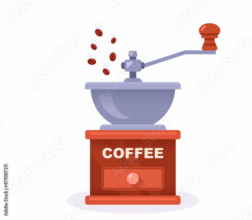 a coffee grinder grinds the beans for your morning drink. flat vector illustration.