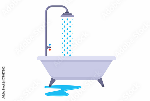 take a shower in a white bath. puddle of water in the bathroom. flat vector illustration.