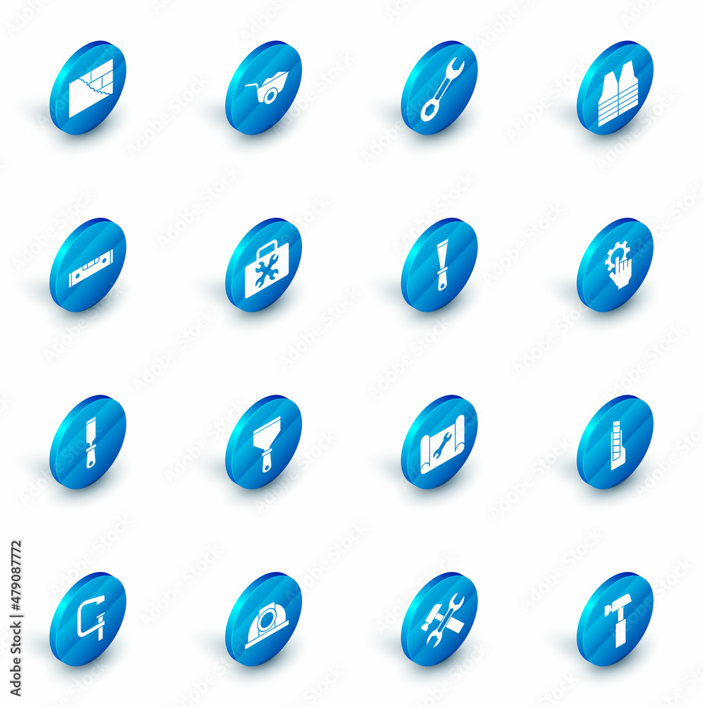 Set Wheelbarrow, Wrench spanner, Safety vest, Construction bubble level, Rasp metal file, Toolbox, Settings in the hand and Putty knife icon. Vector
