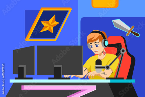A Young Gamer Playing Game Vector Illustration © artisticco
