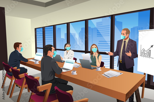 Business People Meeting in an Office Wearing Mask Vector Illustration