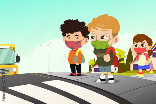 School Kids Wearing Masks Waiting For School Bus Vector Illustration